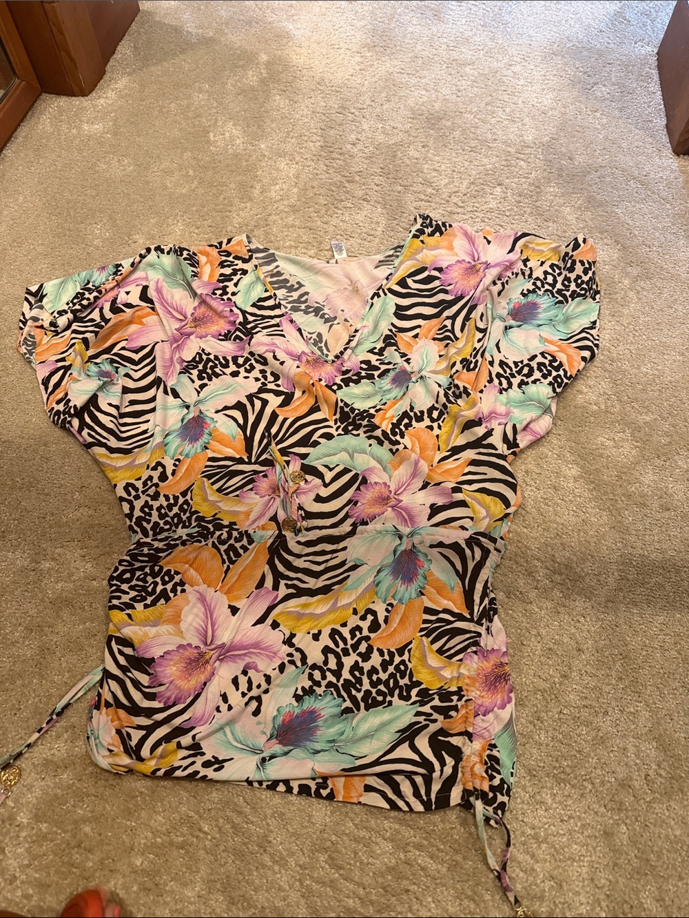 Luli Fama size SM. Floral Zebra Print V-Neck Women's Coverup  - Multicolor